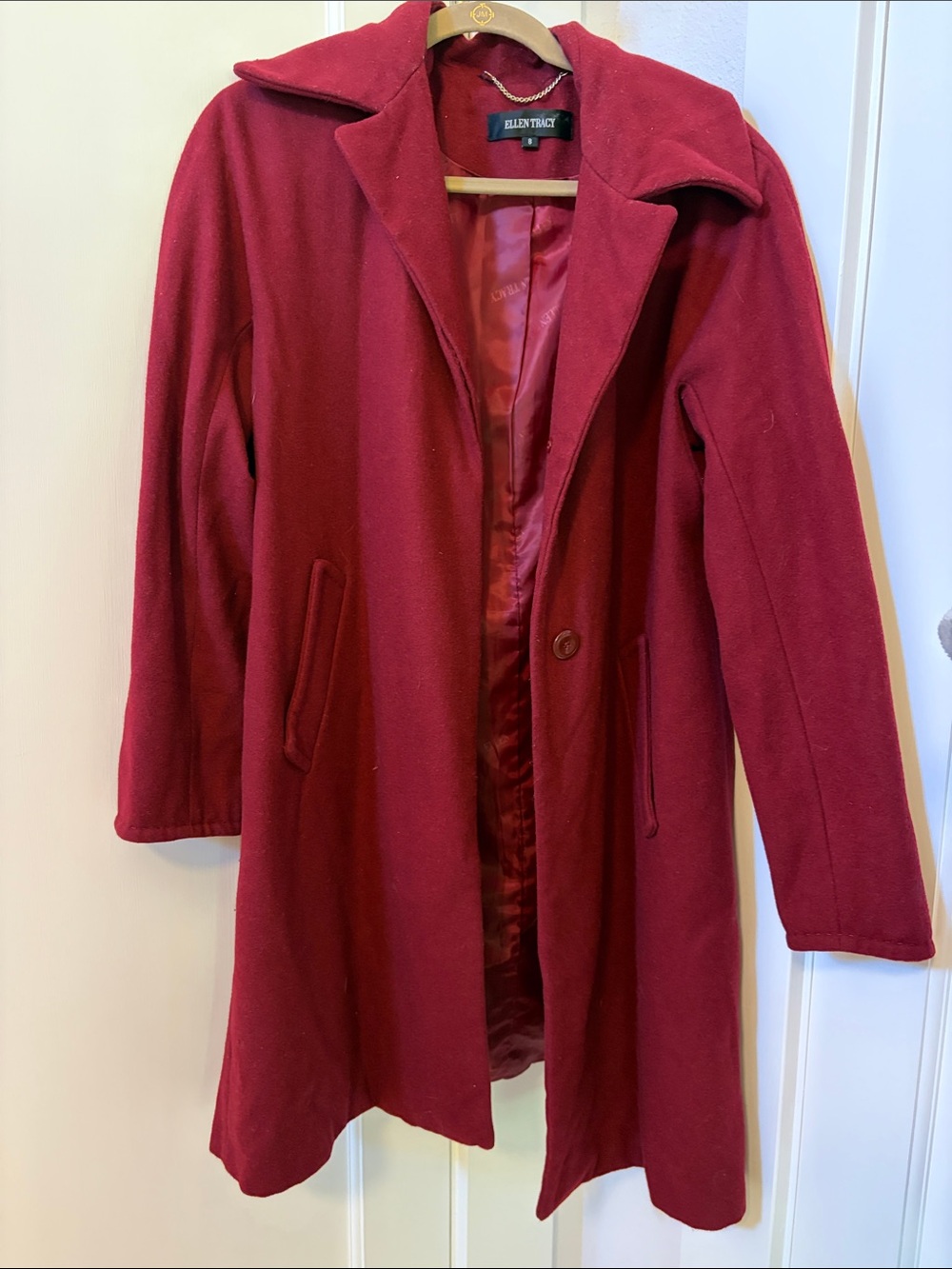 Ellen Tracy Maroon Single-Button Wool Coat